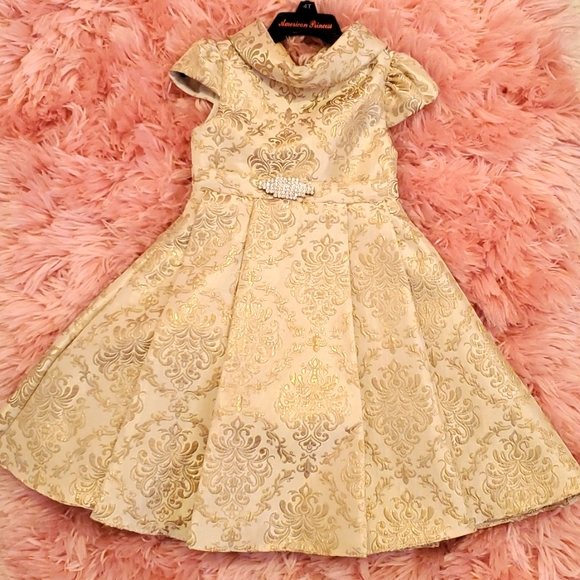 Kiki Kids Beautiful Cream & Gold Demask Dress - Picture 1 of 5